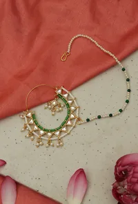 Gold Plated Kundan Nath with Green Beads and Pearl Chain image 1