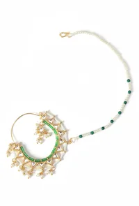 Gold Plated Kundan Nath with Green Beads and Pearl Chain image 2