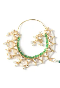 Gold Plated Kundan Nath with Green Beads and Pearl Chain image 3
