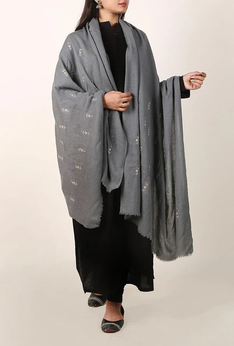 Grey Zardozi Embroidered 64 Count Semi Pashmina Shawl