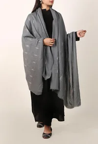 Grey Zardozi Embroidered 64 Count Semi Pashmina Shawl image 1