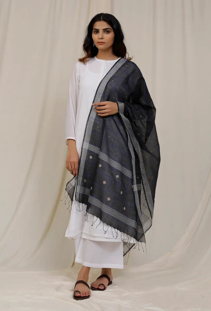 Black Handloom Cotton Jamdani stole