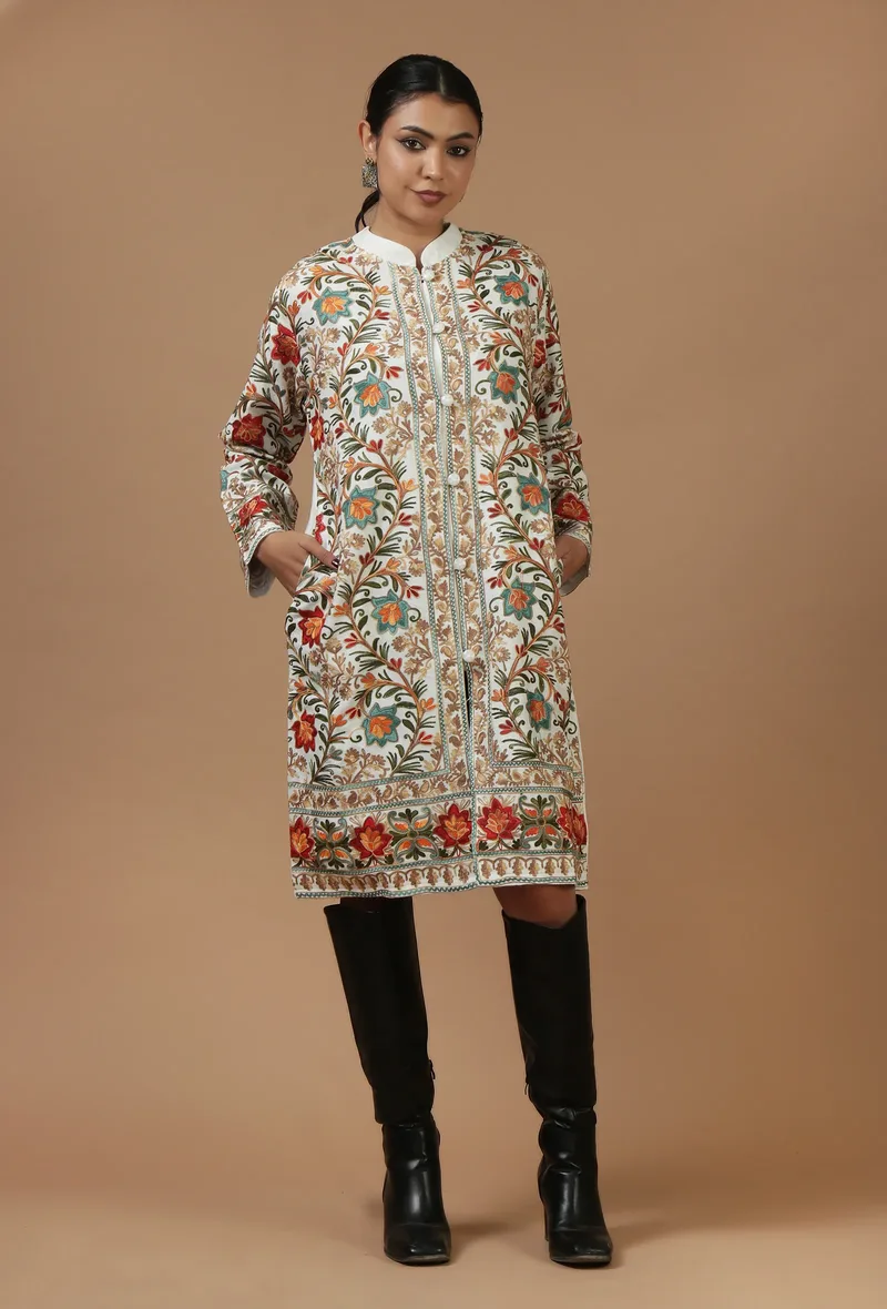 Ivory Kashmiri Aari Embroidered Woolen Long Jacket