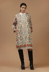 Ivory Kashmiri Aari Embroidered Woolen Long Jacket image 1