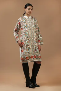 Ivory Kashmiri Aari Embroidered Woolen Long Jacket image 2