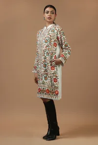 Ivory Kashmiri Aari Embroidered Woolen Long Jacket image 4