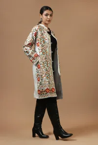 Ivory Kashmiri Aari Embroidered Woolen Long Jacket image 5