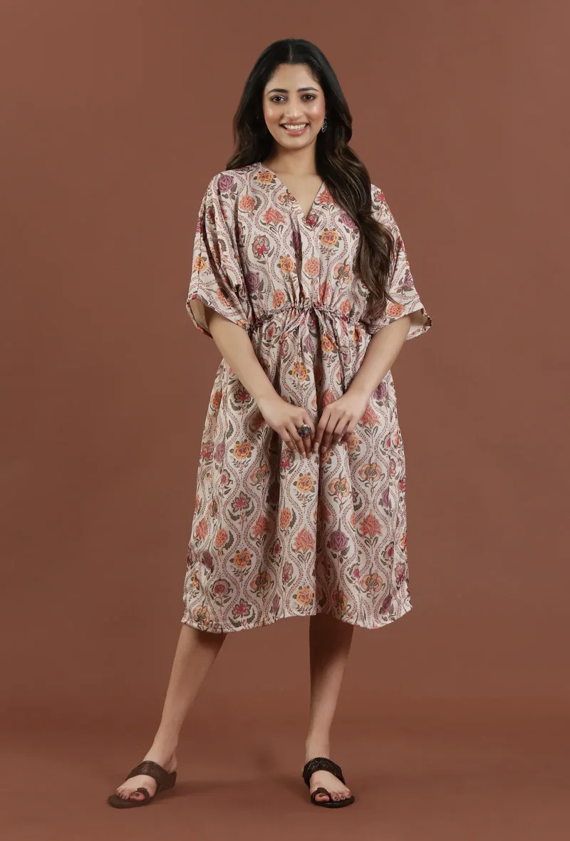 Elegant Beige Floral Printed Tabby Silk Kaftan Dress
