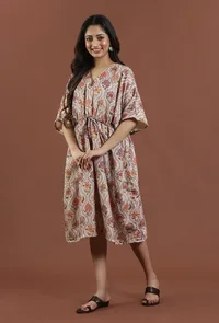 Elegant Beige Floral Printed Tabby Silk Kaftan Dress image 3