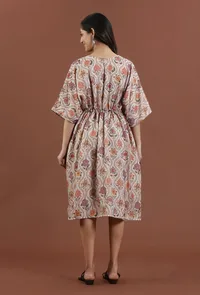 Elegant Beige Floral Printed Tabby Silk Kaftan Dress image 4