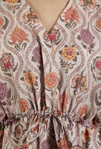 Elegant Beige Floral Printed Tabby Silk Kaftan Dress image 5