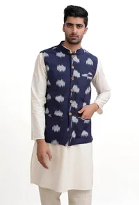 Prussian Blue Ikat Nehru Jacket image 1