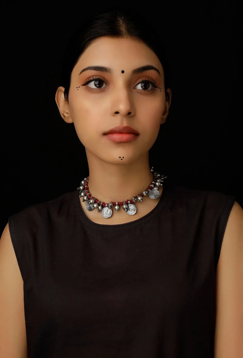 Scarlet Maroon with Silver Beads Necklace