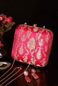 Fuschia Brocade Box Clutch with Sling (6.5 X 2 X 6) image 1
