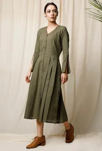 Mehendi Pleated Cotton Slub Dress image 2