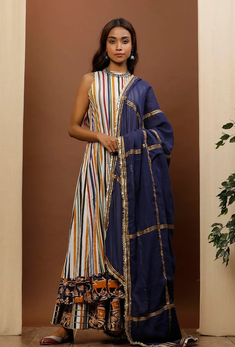 Set of 3: White Striped Cotton Straight Kurta with White Kalamkari Flared Skirt & Blue Gotta Dupatta