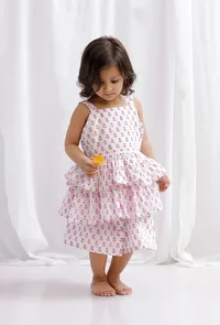 Set of 2 : Pink Block Printed Cotton Tier and Layered Top With Shorts image 1