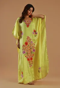 Aari Floral Embroidery Yellow Satin Kashmiri Kaftan- Free Size image 1