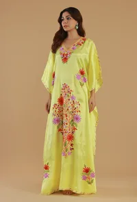 Aari Floral Embroidery Yellow Satin Kashmiri Kaftan- Free Size image 2