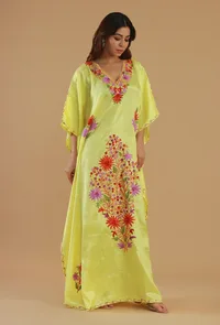 Aari Floral Embroidery Yellow Satin Kashmiri Kaftan- Free Size image 3