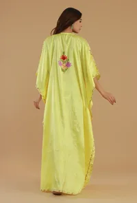 Aari Floral Embroidery Yellow Satin Kashmiri Kaftan- Free Size image 4