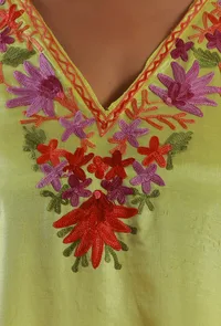 Aari Floral Embroidery Yellow Satin Kashmiri Kaftan- Free Size image 5