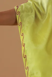 Aari Floral Embroidery Yellow Satin Kashmiri Kaftan- Free Size image 6