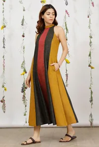 Olive Khadi Cotton Flared Halter Neck Sleeveless Dress image 2