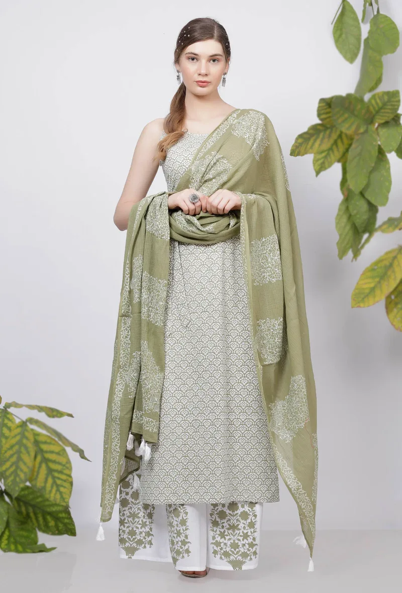 Set of-3 Sage Green Floral Hand-Block Printed Cotton Slip Kurta and Sage Green Floral Hand-Block Printed Cotton Palazzo with Sage Green Hand-Block Printed Kota Tasseled Dupatta