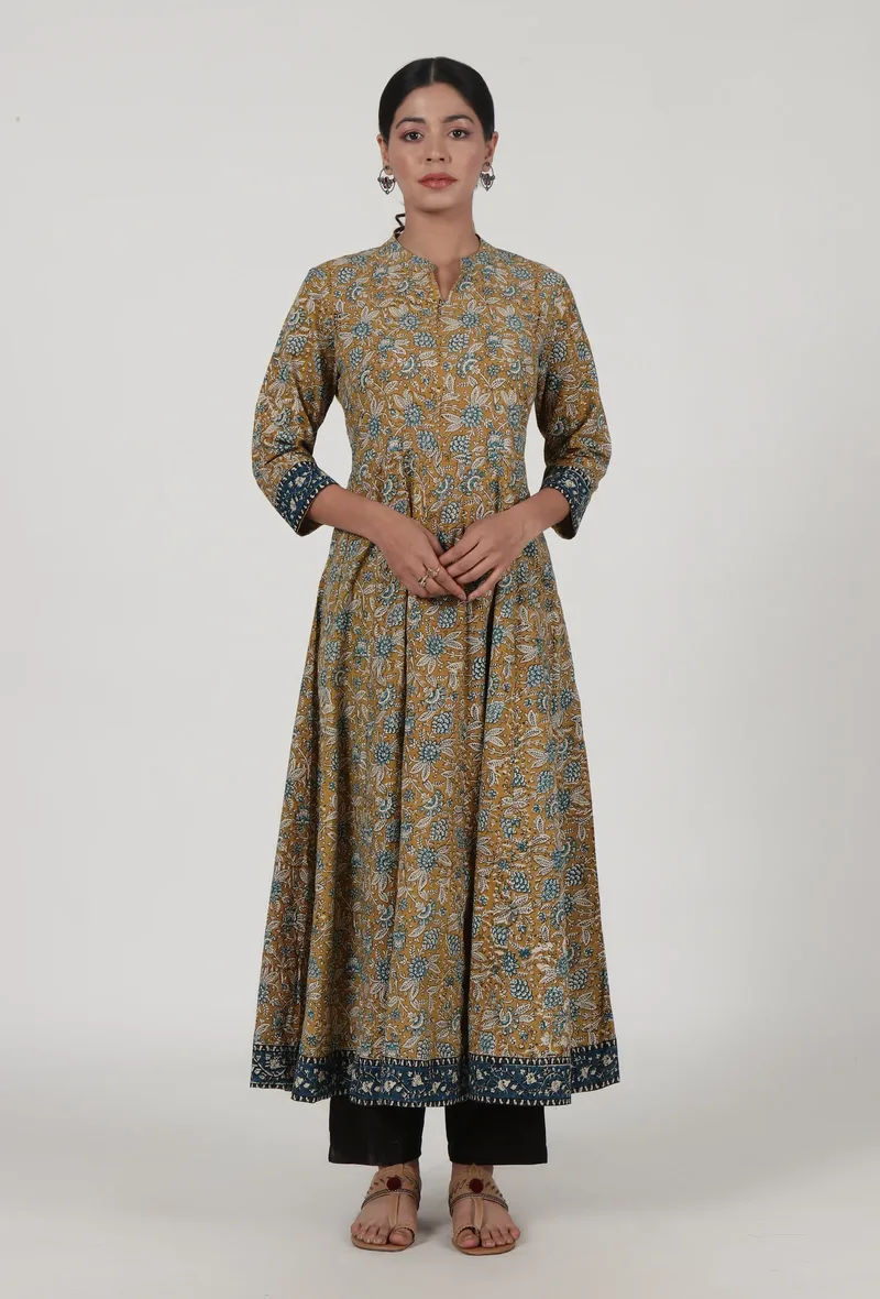 Ajrakh Printed Brown Cotton Anarkali
