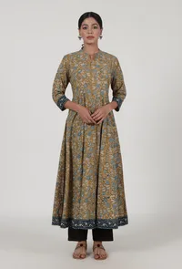 Ajrakh Printed Brown Cotton Anarkali image 1