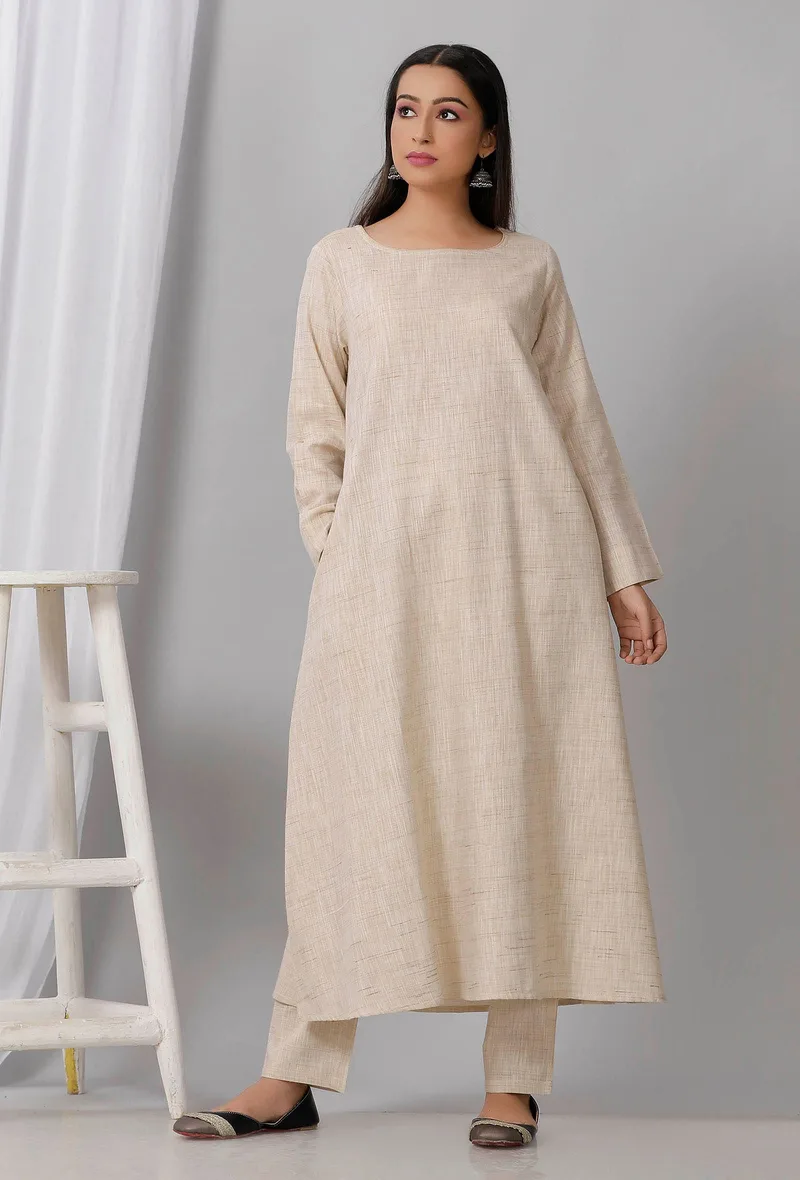 Beige Round Neck Cotton Khadi A Line Kurta