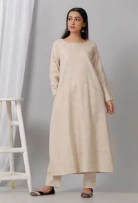 Beige Round Neck Cotton Khadi A Line Kurta image 1