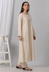 Beige Round Neck Cotton Khadi A Line Kurta image 2