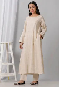 Beige Round Neck Cotton Khadi A Line Kurta image 3