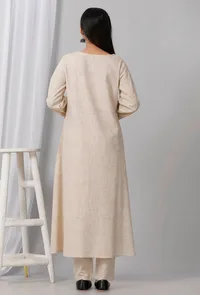 Beige Round Neck Cotton Khadi A Line Kurta image 4