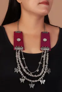 Pink Fabric Butterfly Charm 3-Layer Necklace image 1