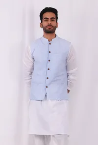 Sky Blue Hand Block Nehru Jacket image 1