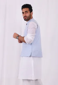 Sky Blue Hand Block Nehru Jacket image 2