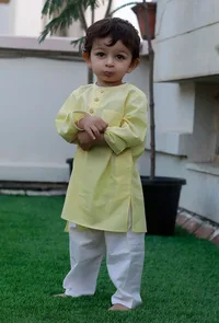 Set Of 2: Snoopy Yellow Cotton Kurta And Yellow Short image 2