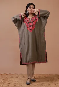 Dark Grey Woolen Ari Embroidered Phiran- Free Size image 1