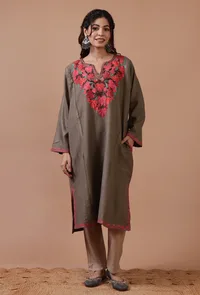 Dark Grey Woolen Ari Embroidered Phiran- Free Size image 2