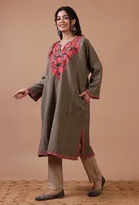 Dark Grey Woolen Ari Embroidered Phiran- Free Size image 3