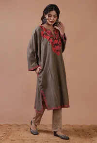Dark Grey Woolen Ari Embroidered Phiran- Free Size image 4