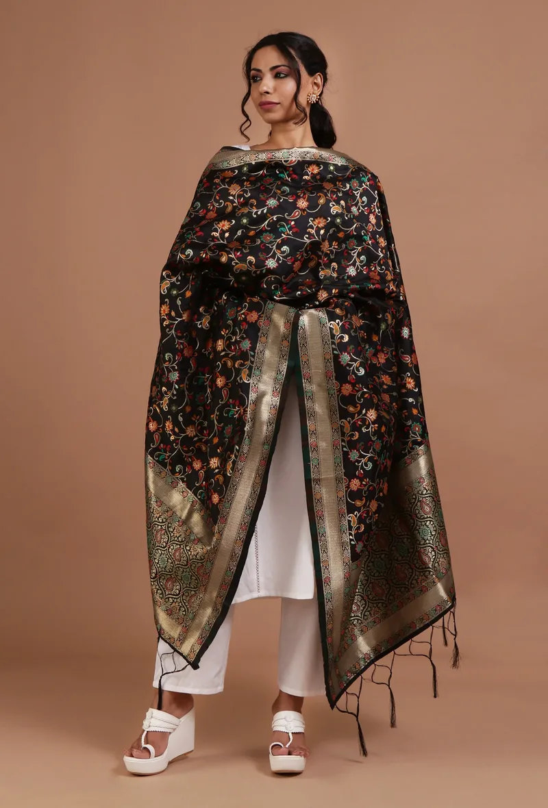 Black Color Semi Silk Dupatta With Zari Weaving