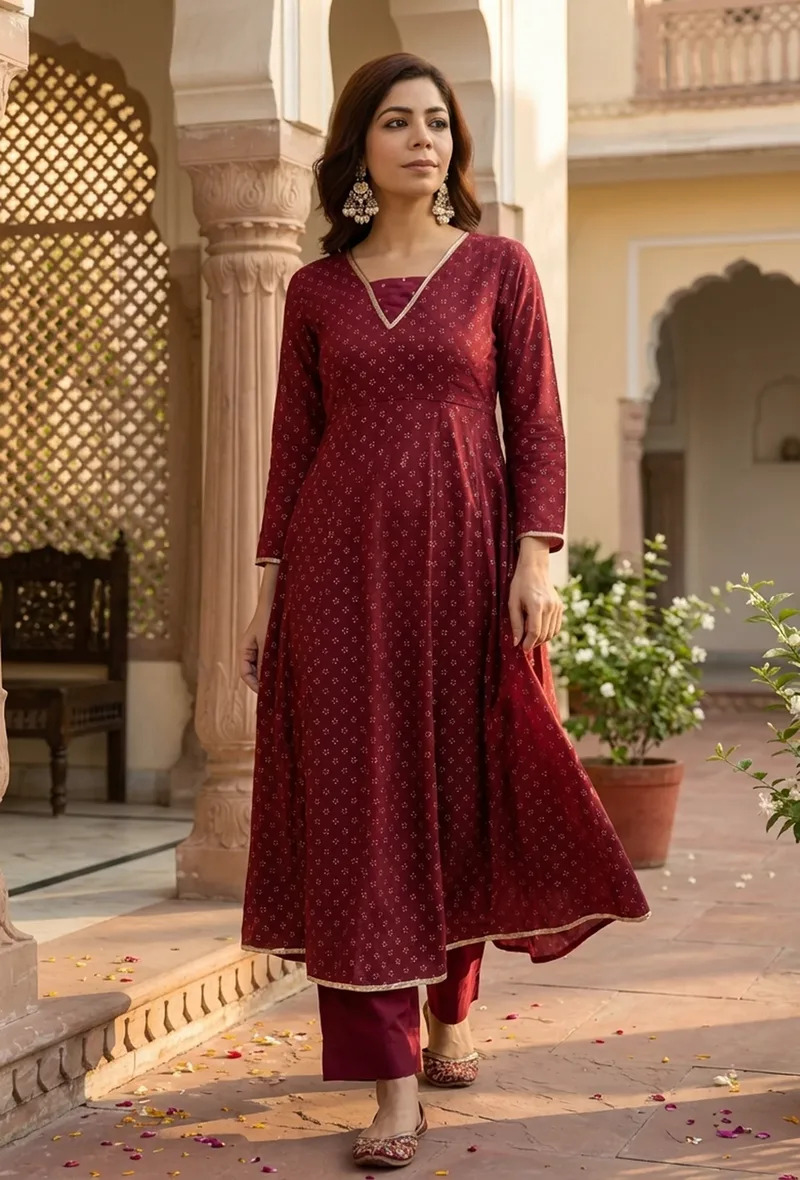 Maroon Floral Printed Flared Kurta with Gota Lace