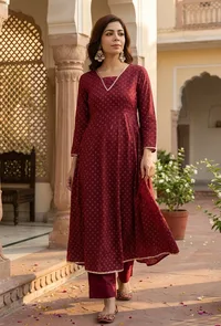 Maroon Floral Printed Flared Kurta with Gota Lace image 1