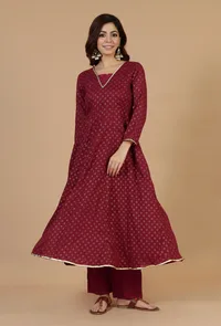 Maroon Floral Printed Flared Kurta with Gota Lace image 2