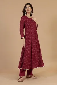 Maroon Floral Printed Flared Kurta with Gota Lace image 4