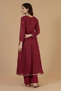 Maroon Floral Printed Flared Kurta with Gota Lace image 5